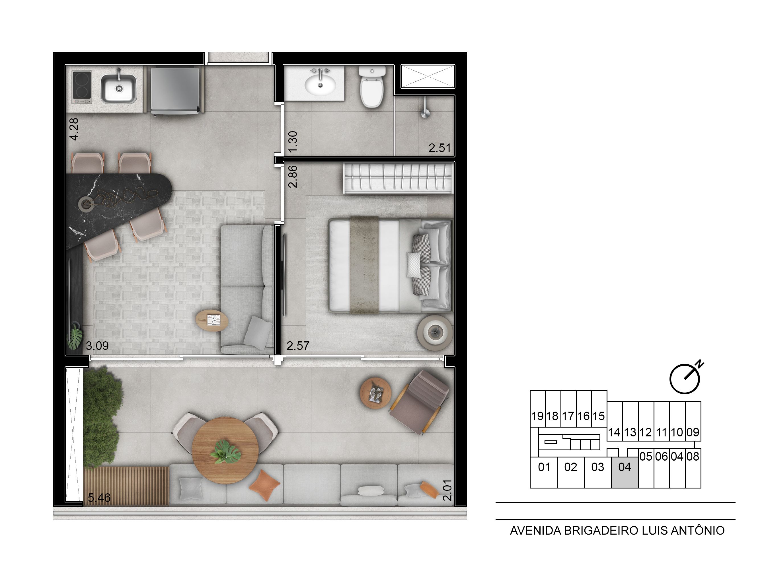 Planta - Apartamento 1 dormitório no Jardins | Helbor Duo Lifestyle - Investimoveis