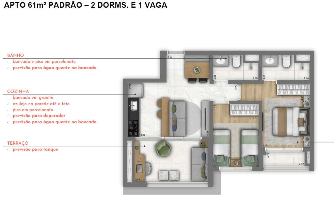 Planta - Apartamento a venda Vila Clementino 2 Dormitórios (1 suíte) 61m² - Investimoveis