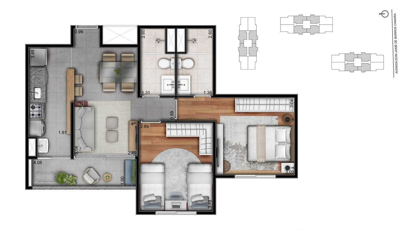 Planta - Lazer Clube + 2 Dorms (1 Suíte) + Depósito ao lado da Anchieta. Patteo SBC. - Investimoveis