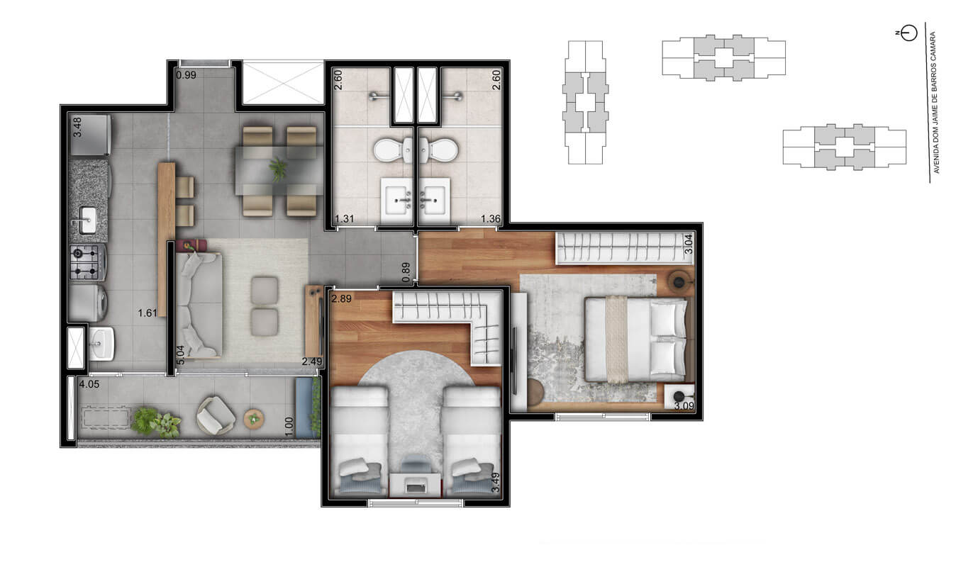 Planta - Apartamento 3 Dorms Planalto SBC | Helbor Patteo | Lazer Clube - Investimoveis