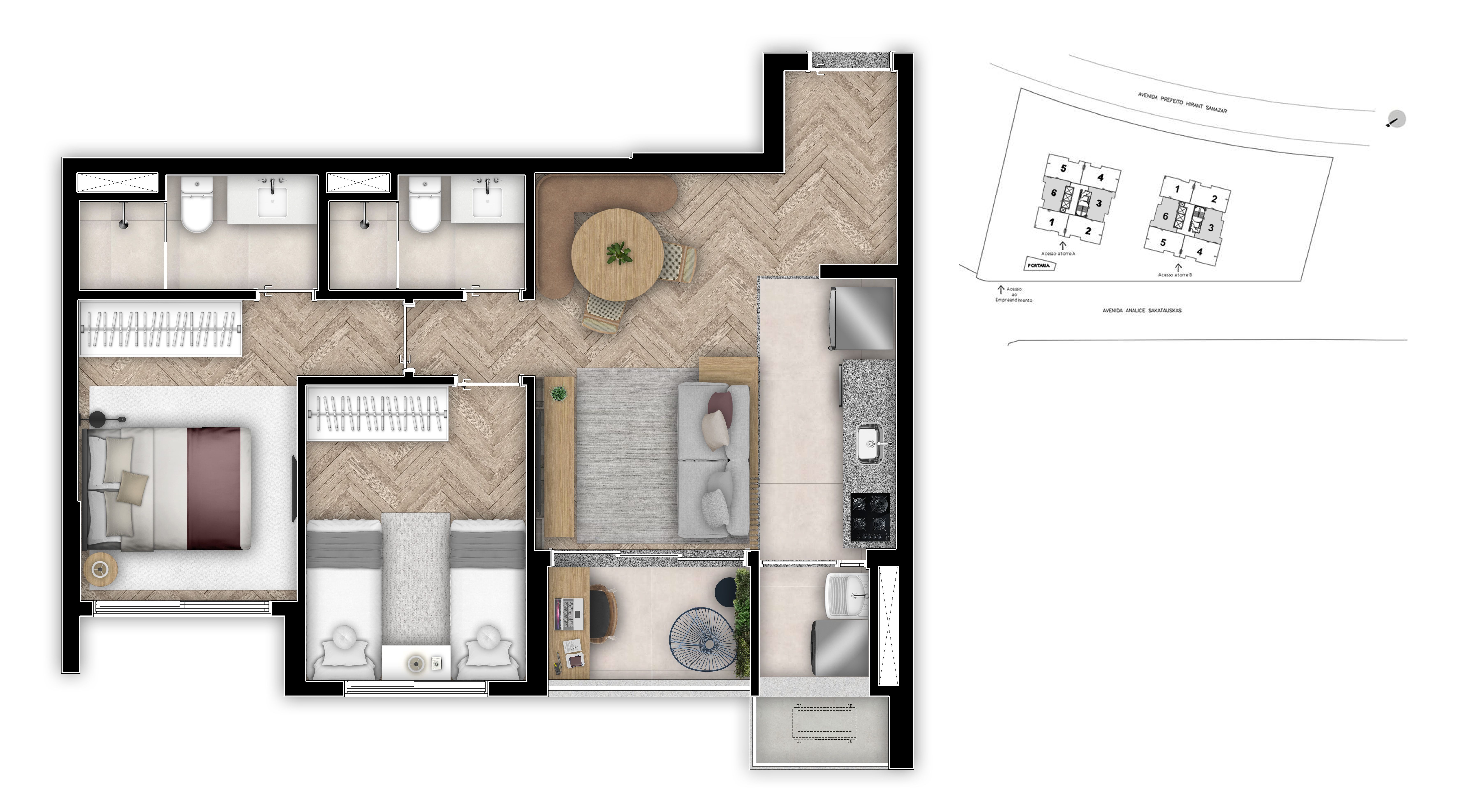 Planta - Apartamento Moderno com 2 Quartos (1 Suíte) e Lazer Completo na Bela Vista, Osasco - Investimoveis
