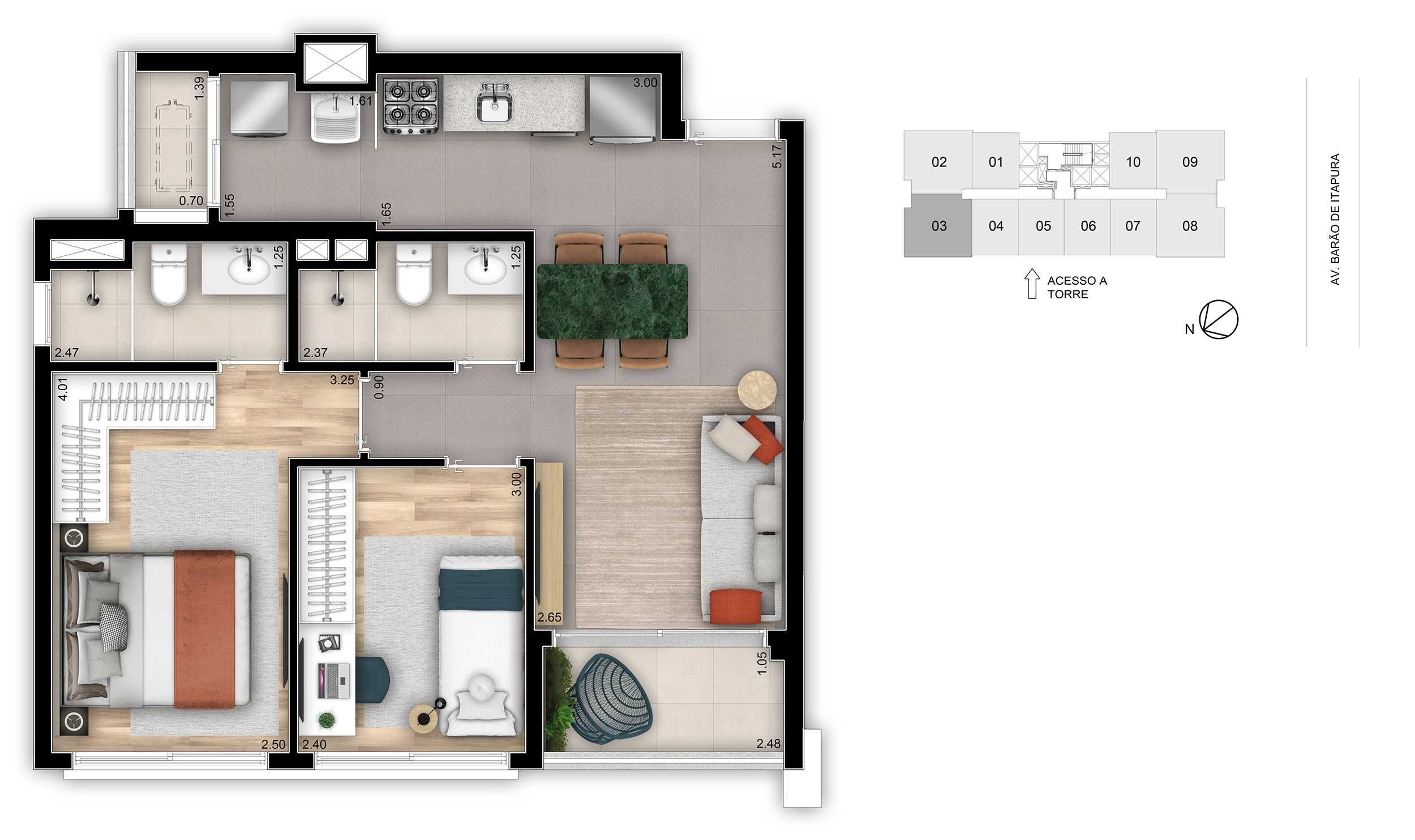 Planta - APARTAMENTO 2 DORMS (1 Suíte) GUANABARA Campinas | 57m² | 1 Vaga | Próx. Taquaral - Investimoveis