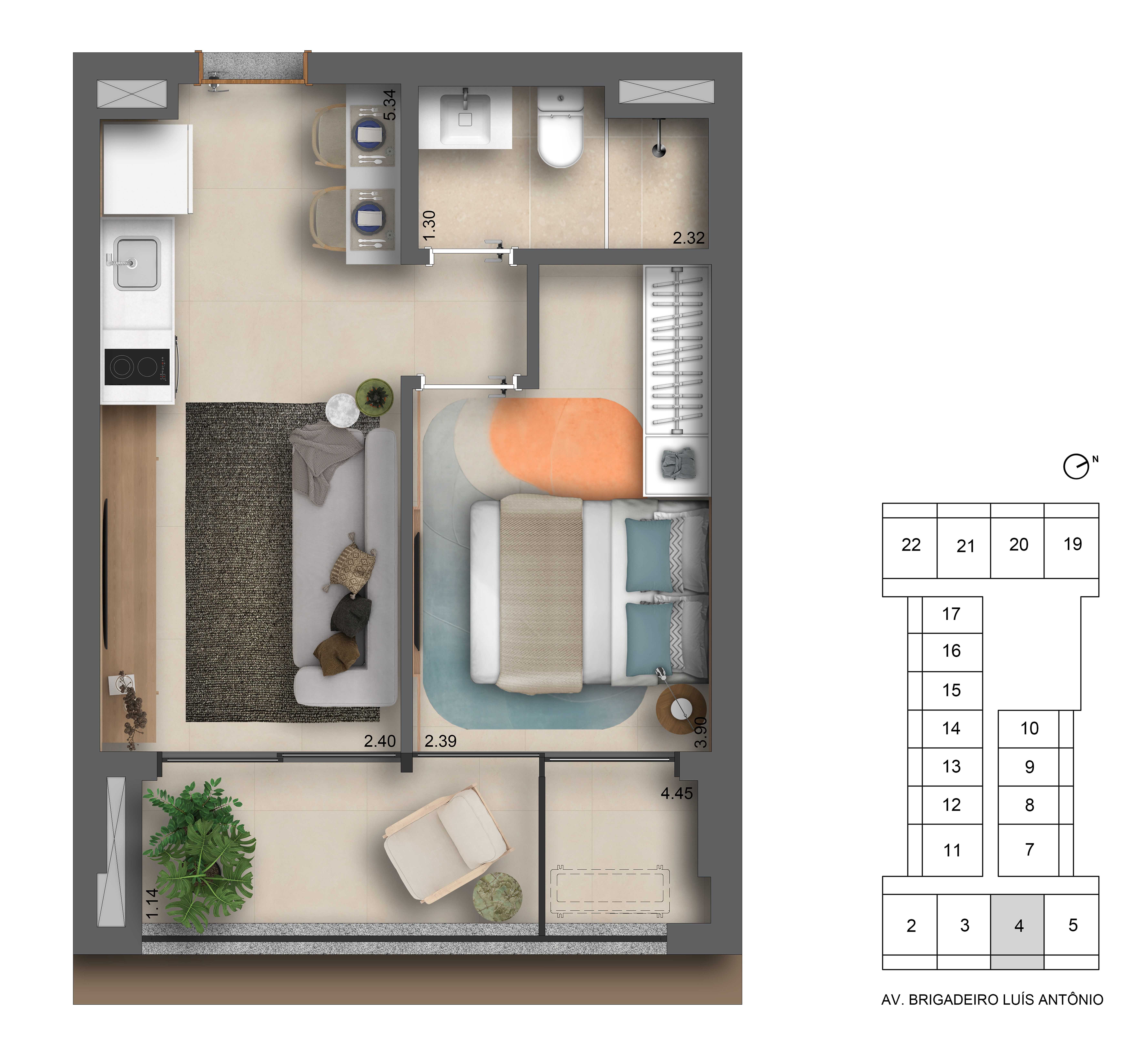 Planta - Apartamento de 1 Dormitório à Venda na Bela Vista: Viva com Conforto e Lazer Completo - Investimoveis