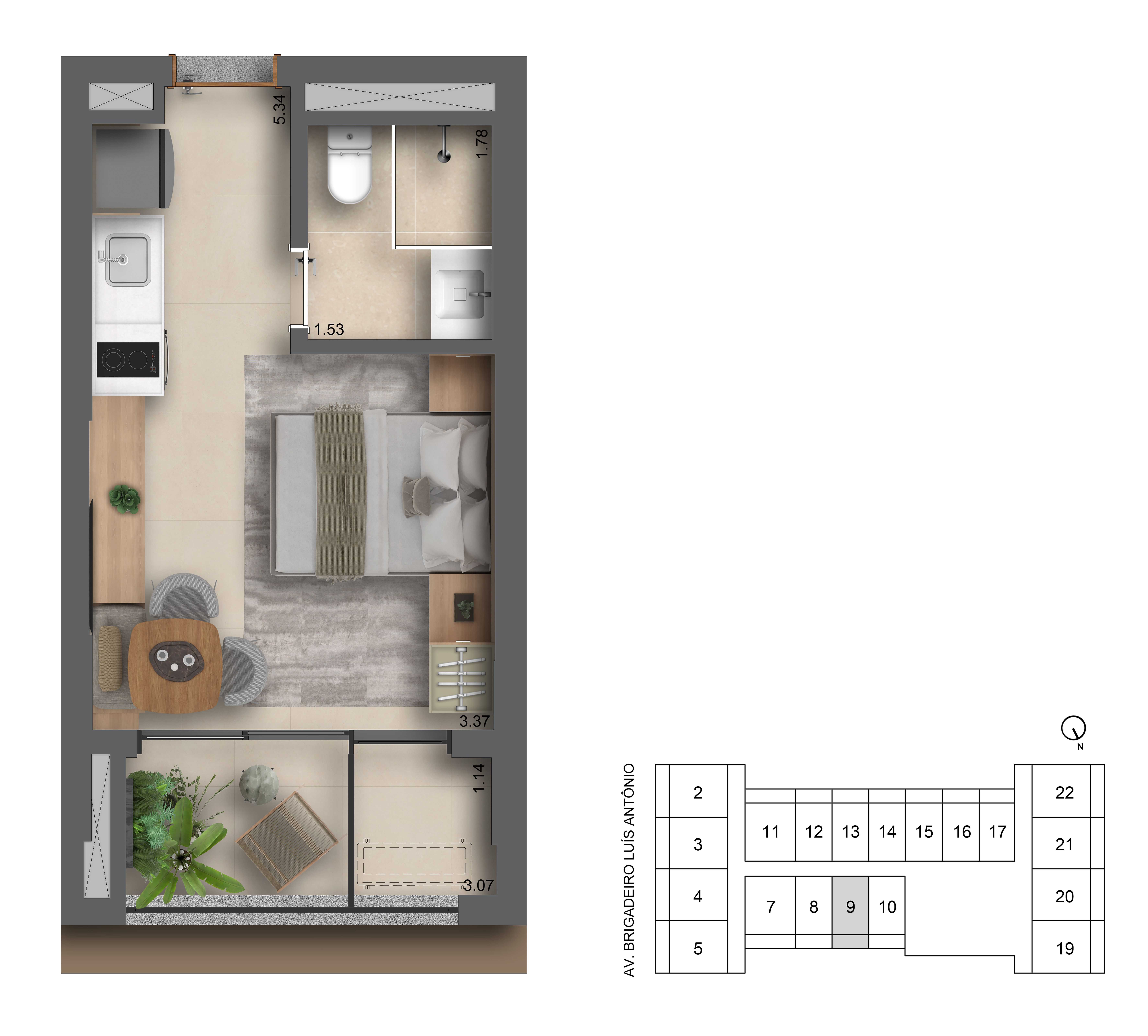 Planta - INVESTIMENTO CERTO: STUDIO 26M² Helbor Collage BELA VISTA | 5 Min da AV. PAULISTA - Investimoveis