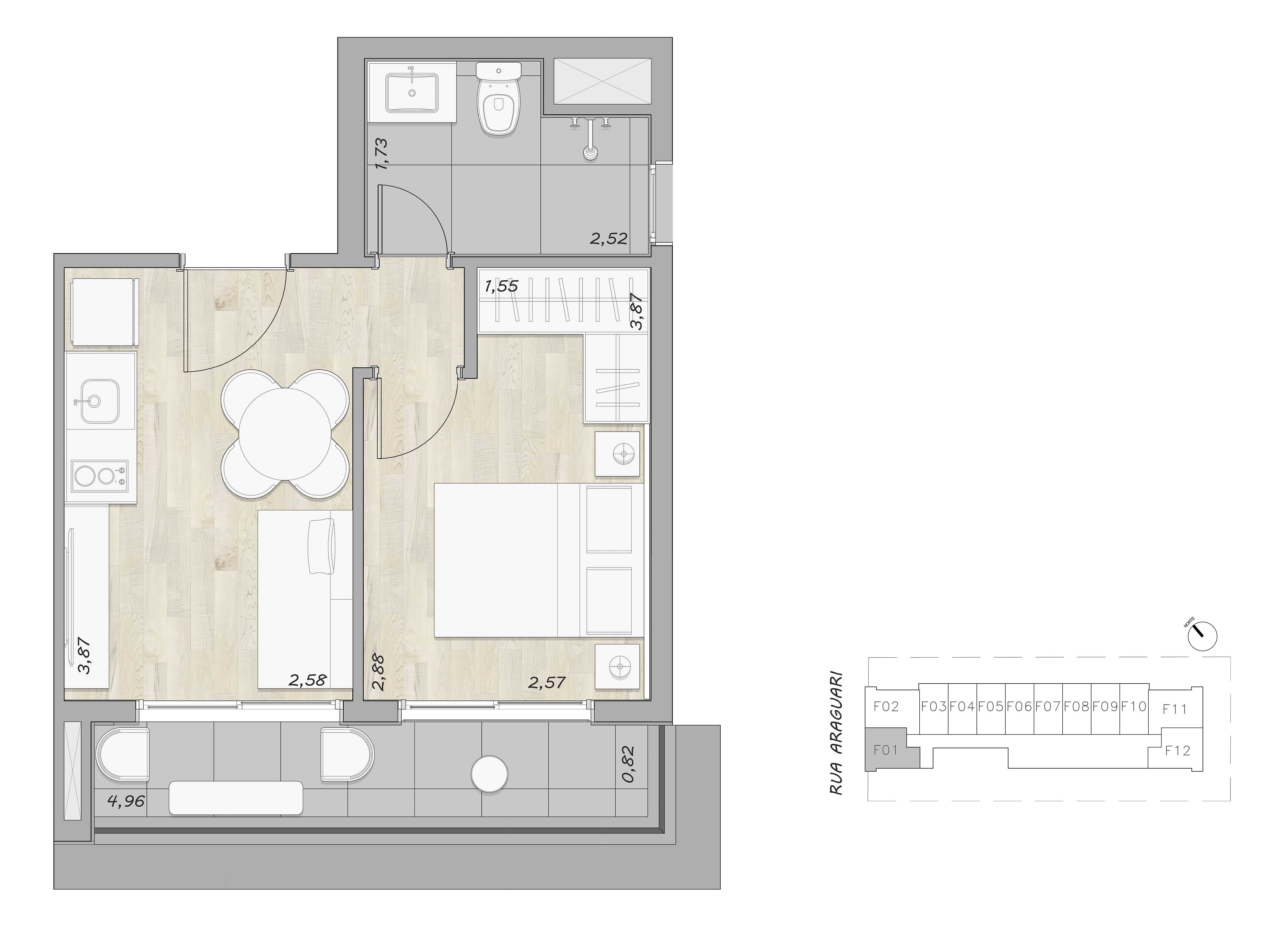 Planta - ÚLTIMAS UNIDADES 38m²: Mobiliado e Perto do INSPER! 2. Investimento Chave na Mão: 1 Dorm. Mobiliado - Investimoveis