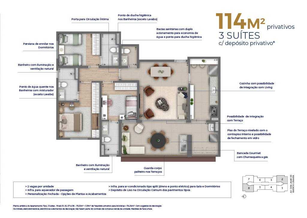 Planta - 3 Suítes + 2 Vagas e Depósito no Helbor Patteo 114m² - Investimoveis