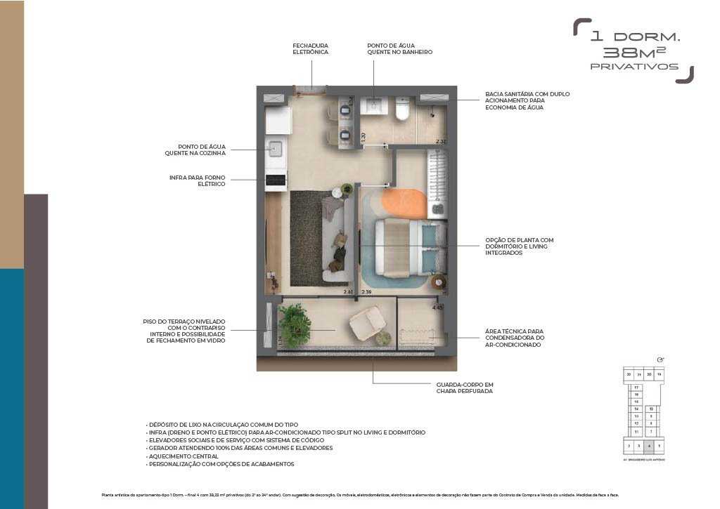 Planta - Apartamento de 1 Dormitório à Venda na Bela Vista: Viva com Conforto e Lazer Completo - Investimoveis