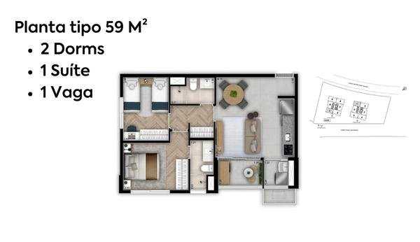 Planta - Apartamento Decorado à Venda no Helbor New Patteo Osasco | 2 Dormitórios (1 Suíte) | 1 Vaga - Investimoveis