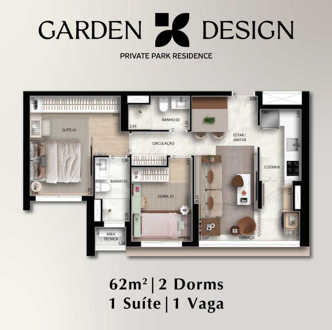 Planta - APARTAMENTO 61M² (2 DORMITÓRIOS C/ SUÍTE) | GARDEN DESIGN | MELHOR CUSTO-BENEFÍCIO COM LAZER DE CLUBE! - Investimoveis