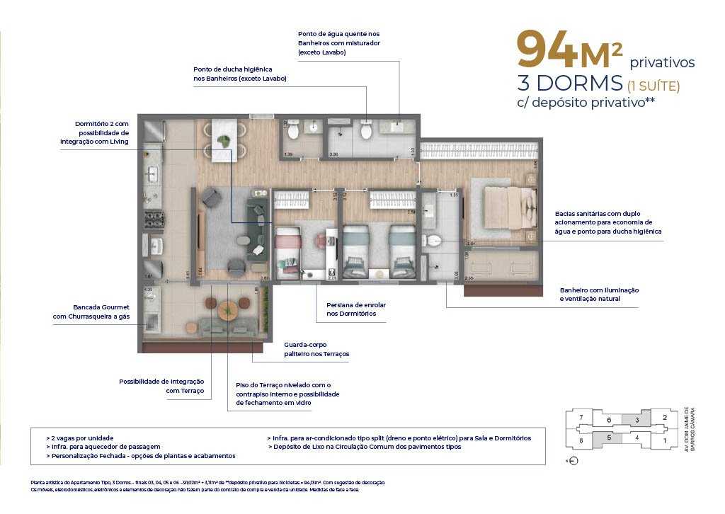 Planta - Apartamento 3 Dorms (94m²) em São Bernardo | Lazer de Resort + Depósito Privativo no Planalto - Investimoveis