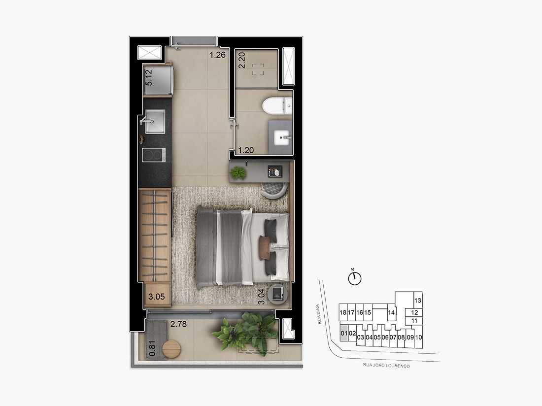 Planta - Apartamento Studio 25m² Vila Nova Conceição - Investimoveis