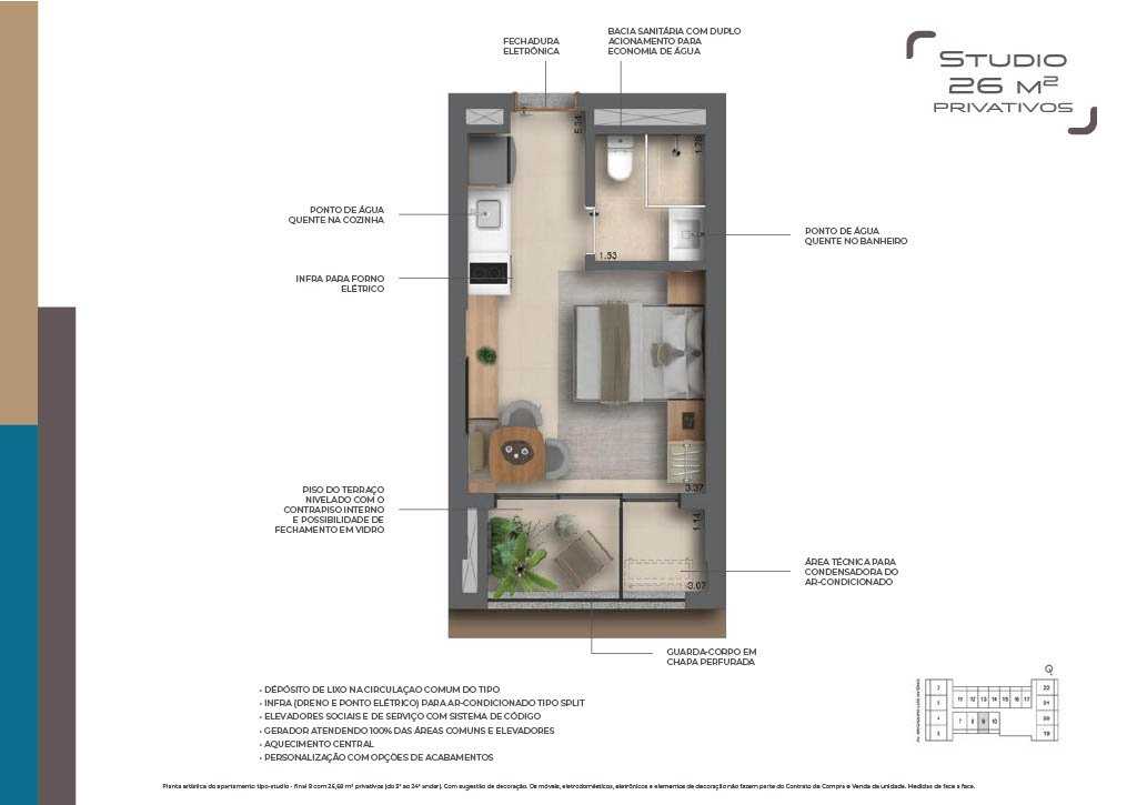 Planta - INVESTIMENTO CERTO: STUDIO 26M² Helbor Collage BELA VISTA | 5 Min da AV. PAULISTA - Investimoveis